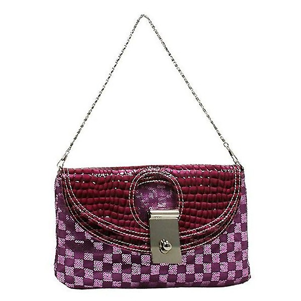 Evening Bag - Sequined Checker w/ Croc Embossed Dual Flap - Purple - BG-CE9913PL